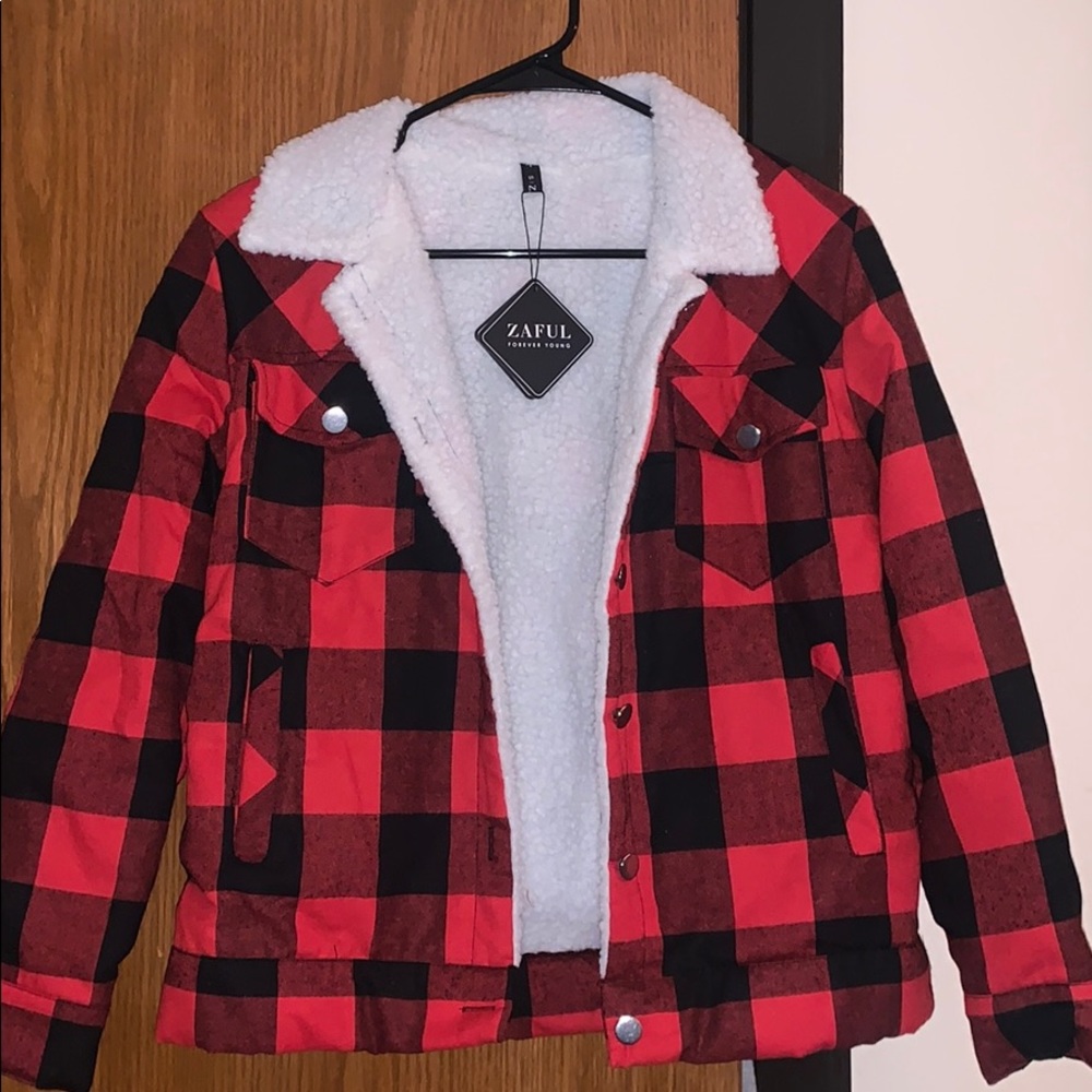 Plaid Shearling Jacket Button Up - Red S
